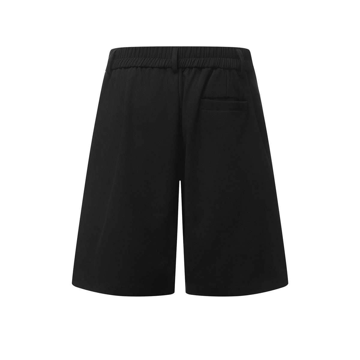 Back view of black knee-length shorts with a gathered waistband and single welt pocket.