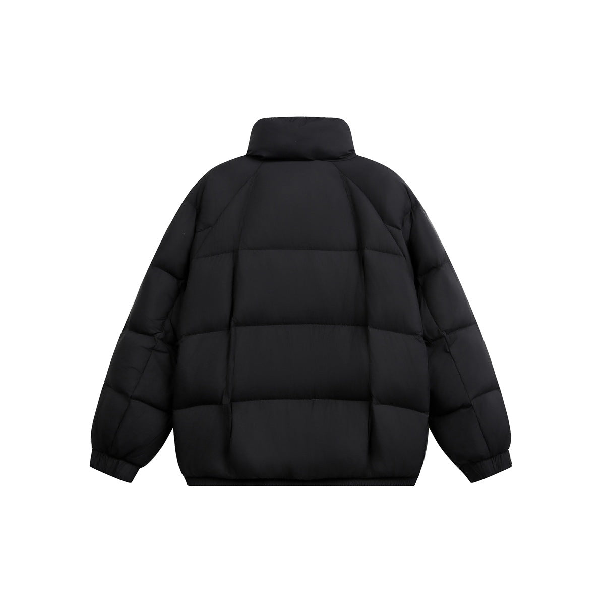 Back view of a black quilted puffer jacket with a high collar, long sleeves, and elastic cuffs.