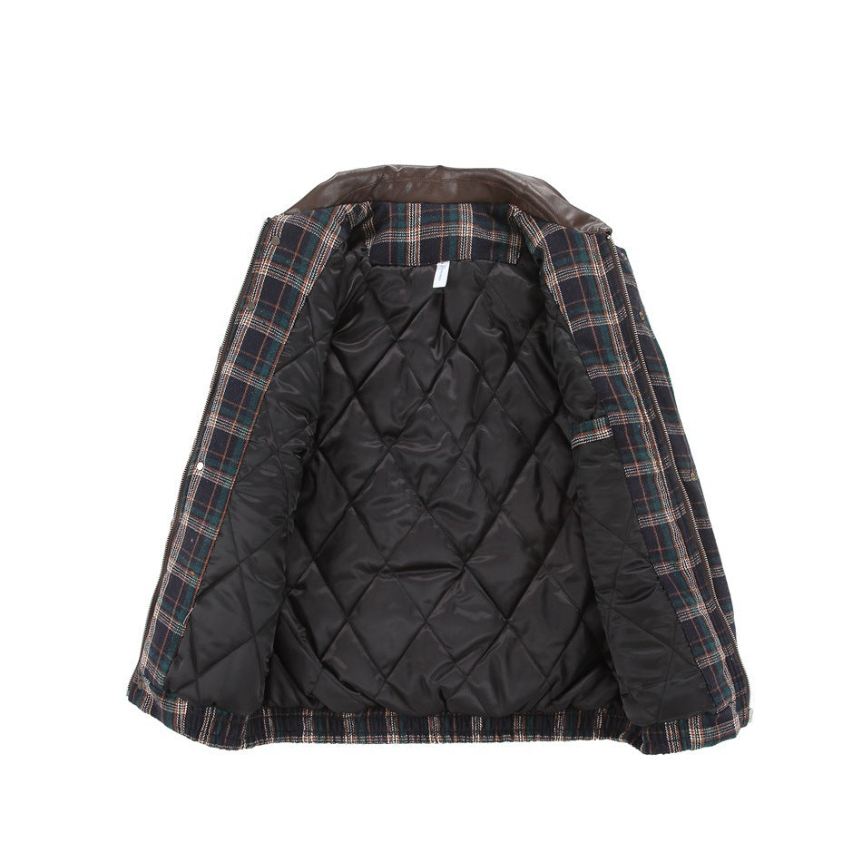 Open jacket showing a dark quilted lining, plaid outer fabric, and dark brown collar.