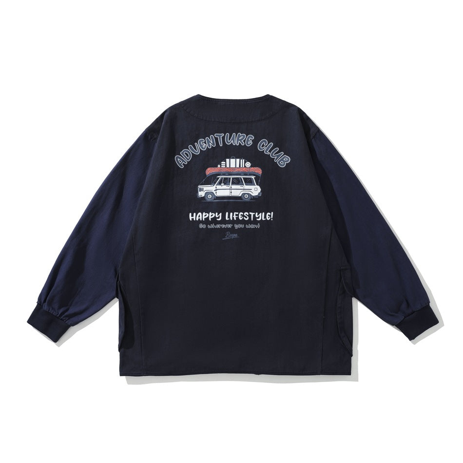 Navy jacket back view with vehicle illustration and Adventure Club Happy Lifestyle graphic print