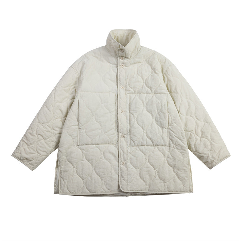 Off-white quilted button-front jacket with stand collar and large patch pockets, flat lay
