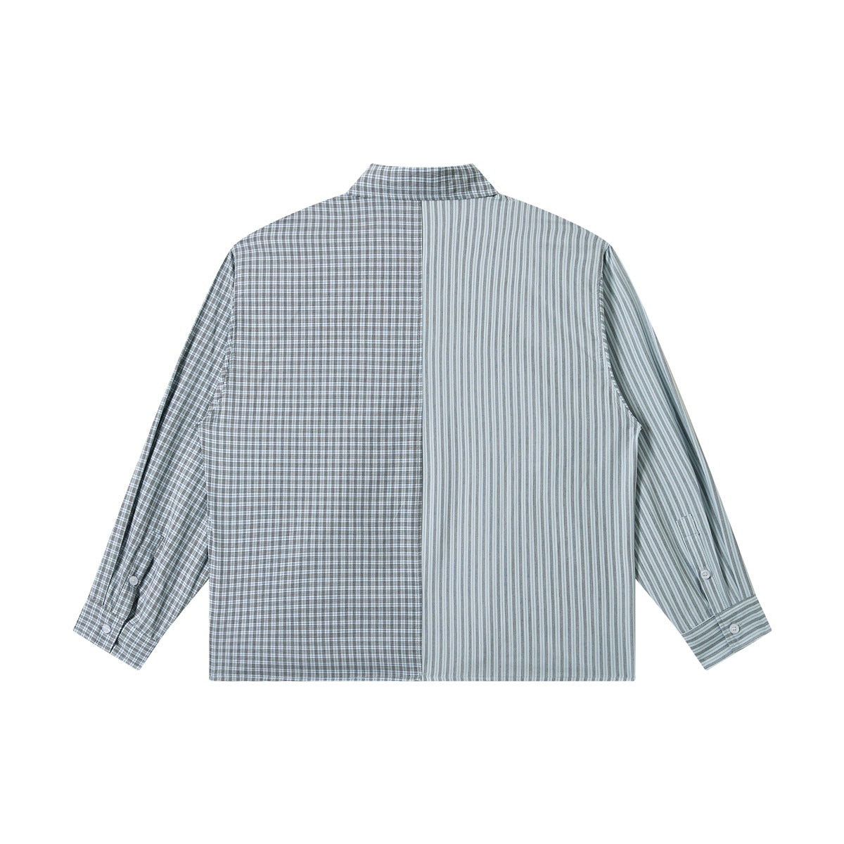 Back view of a long-sleeved collared shirt with gray-blue checks on the left and light blue stripes on the right.