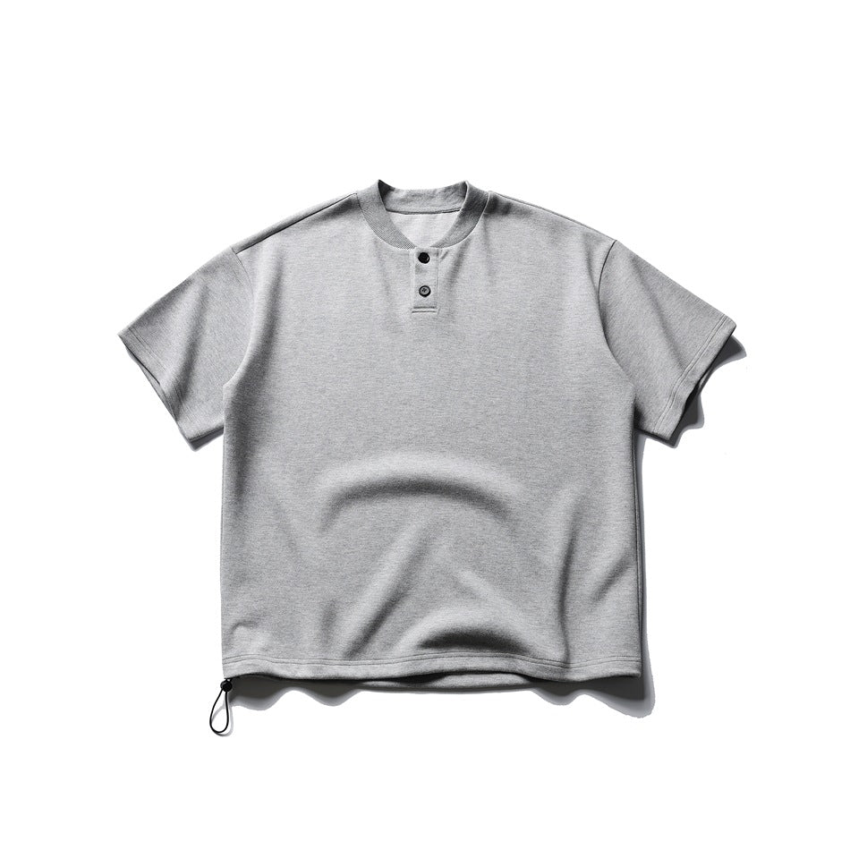 Heather gray short-sleeve Henley tee with two buttons and a hem drawcord toggle, flat lay front view