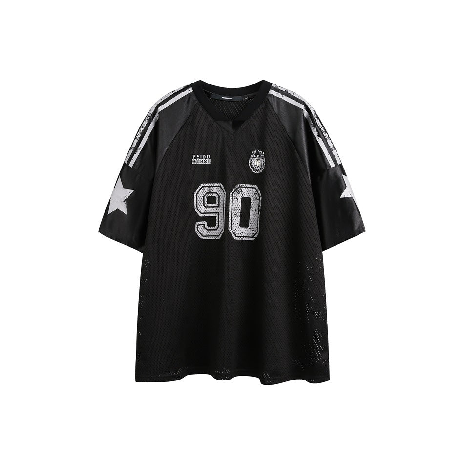 Black mesh V-neck jersey tee with white shoulder stripes, star sleeve print and distressed '90' chest number, flat front view