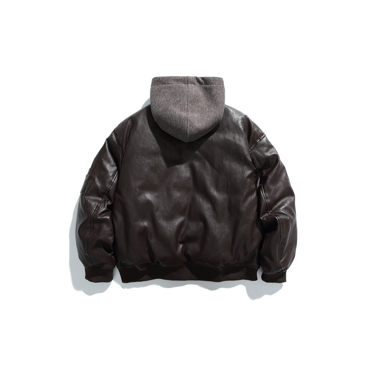 Back view of a dark brown jacket with a gray hood and ribbed hem and cuffs.