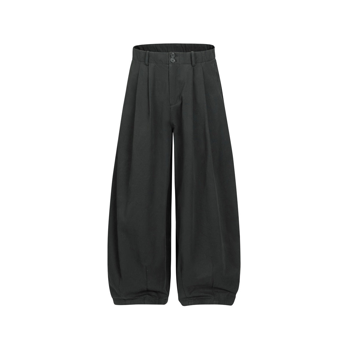 Dark gray pleated wide-leg trousers with a two-button waistband, flat lay front view