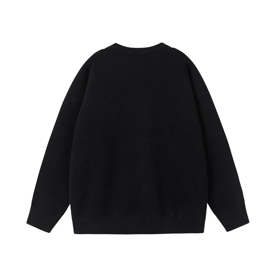 Back view of a plain black knit crew-neck sweater with ribbed hem and cuffs, flat lay