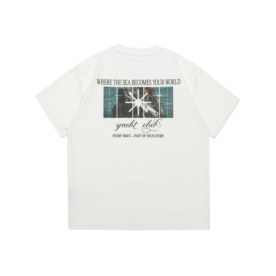 White short-sleeve crew-neck t-shirt back with sea and rock graphic print and yacht club text