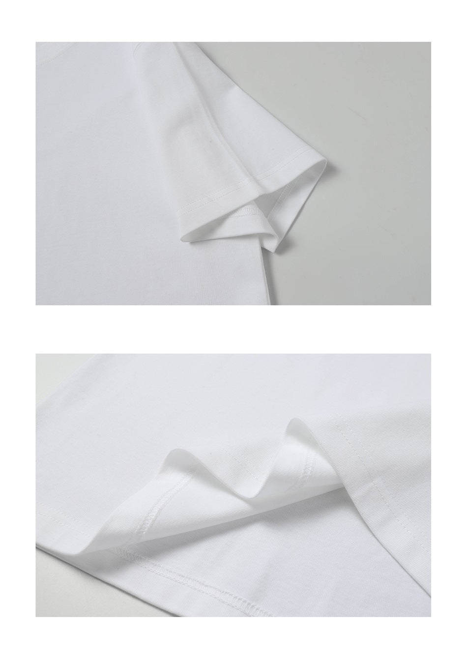Close-ups of the white T-shirt sleeve and hem, showing folded edges and stitching.