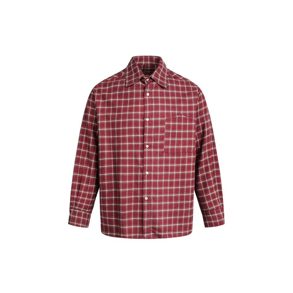 Burgundy plaid long-sleeve button-front shirt with collar and chest pocket, flat front view on white
