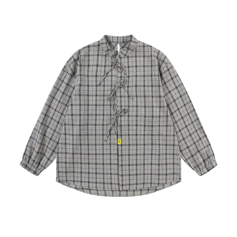 Gray plaid long-sleeve shirt flat lay with stand collar, three front fabric ties and elastic cuffs