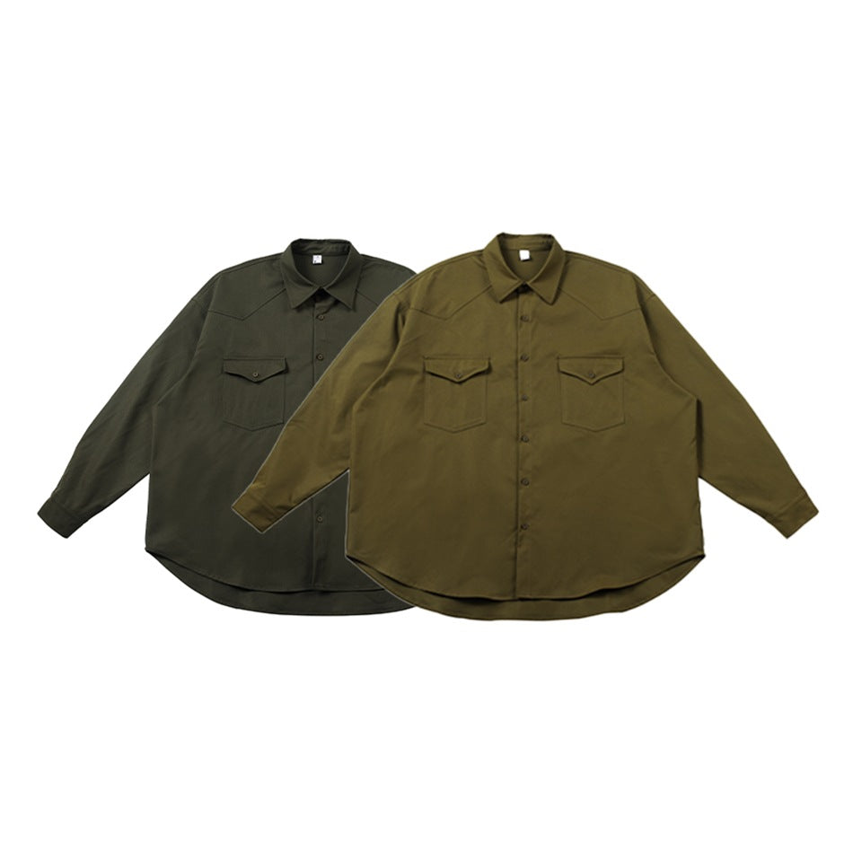 Two long-sleeve button-up shirts shown from the front in dark olive and lighter olive, each with two flap chest pockets.