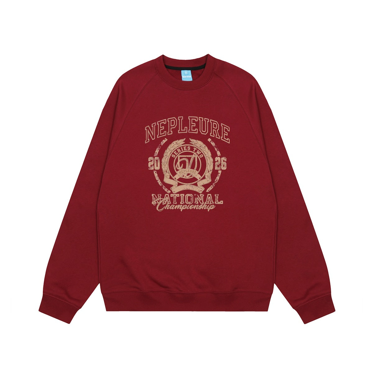 Burgundy crewneck sweatshirt with tan distressed varsity graphic reading NEPLEURE National Championship, front flat lay