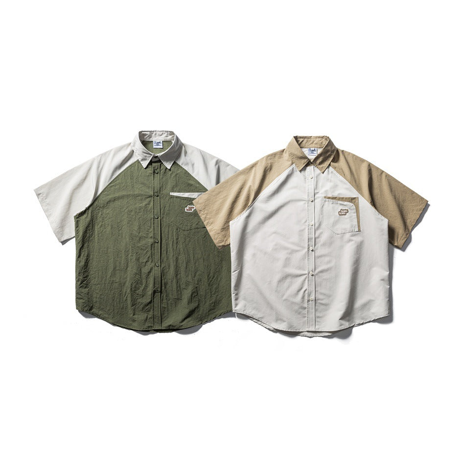 Two short-sleeve color-block button-up shirts shown from the front: olive with cream sleeves and tan with cream body.
