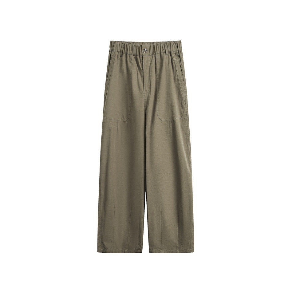 Khaki wide-leg pants with elastic waistband, front button and large patch pockets, flat lay front view