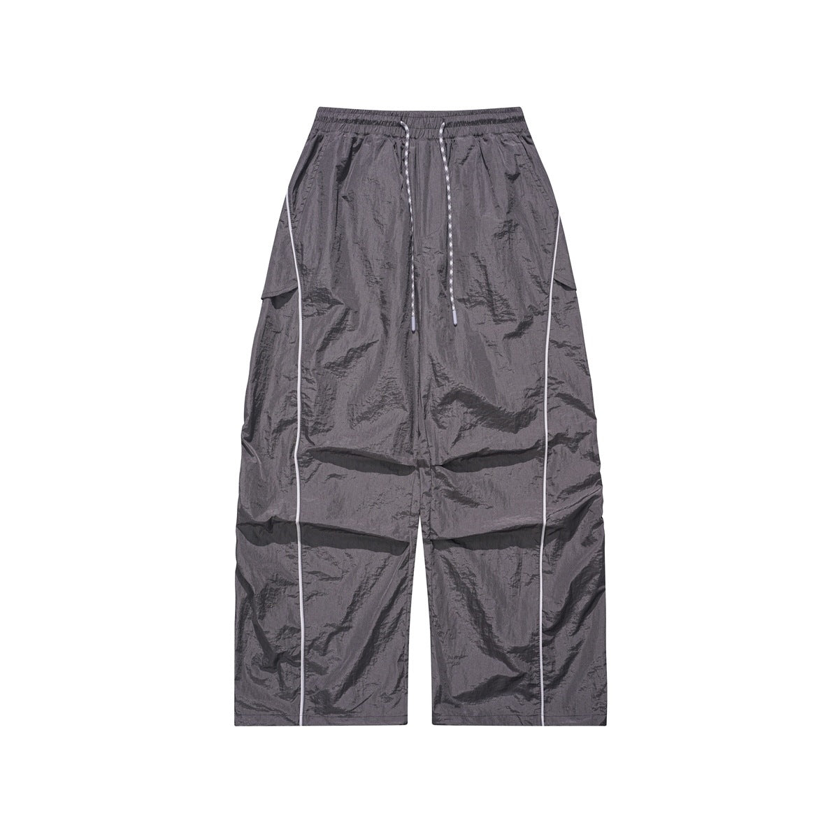 Dark gray wide-leg parachute pants with drawcord waist, light piping along the sides and a thigh flap pocket, flat view