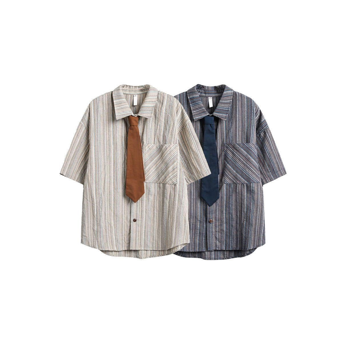Two short-sleeve striped button-up shirts shown from the front, one light with a brown tie and one dark with a navy tie.