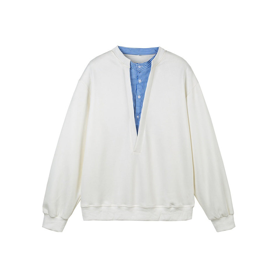 White pullover sweatshirt with blue striped shirt-style insert at the V neckline, front flat view