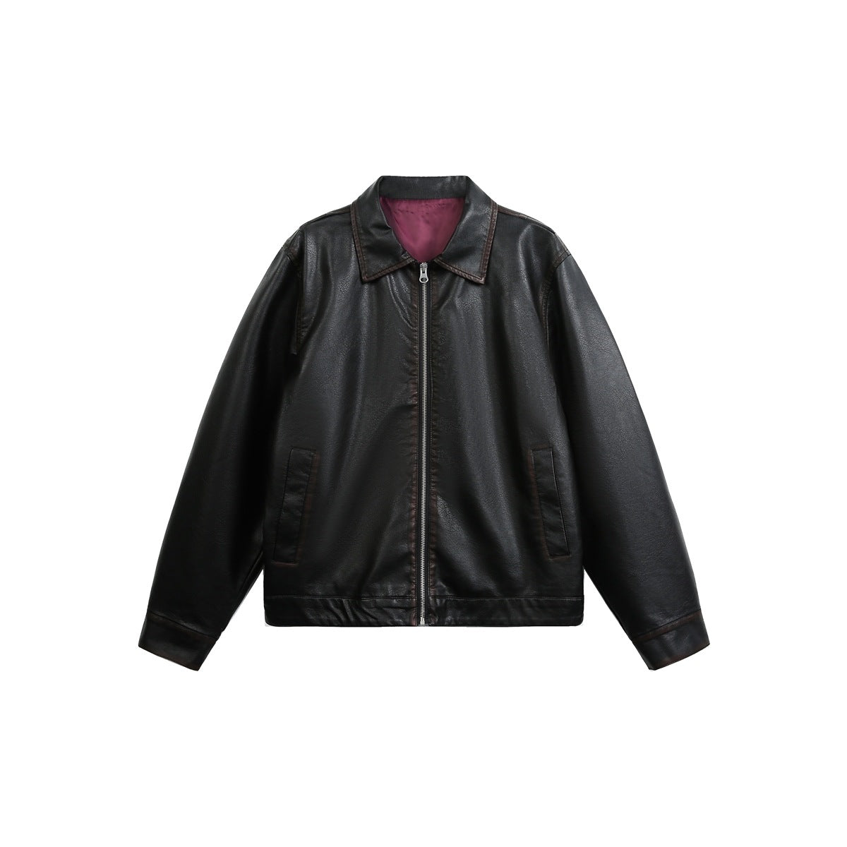 Black leather-look zip jacket with collar, distressed brown edges and burgundy lining, flat front view