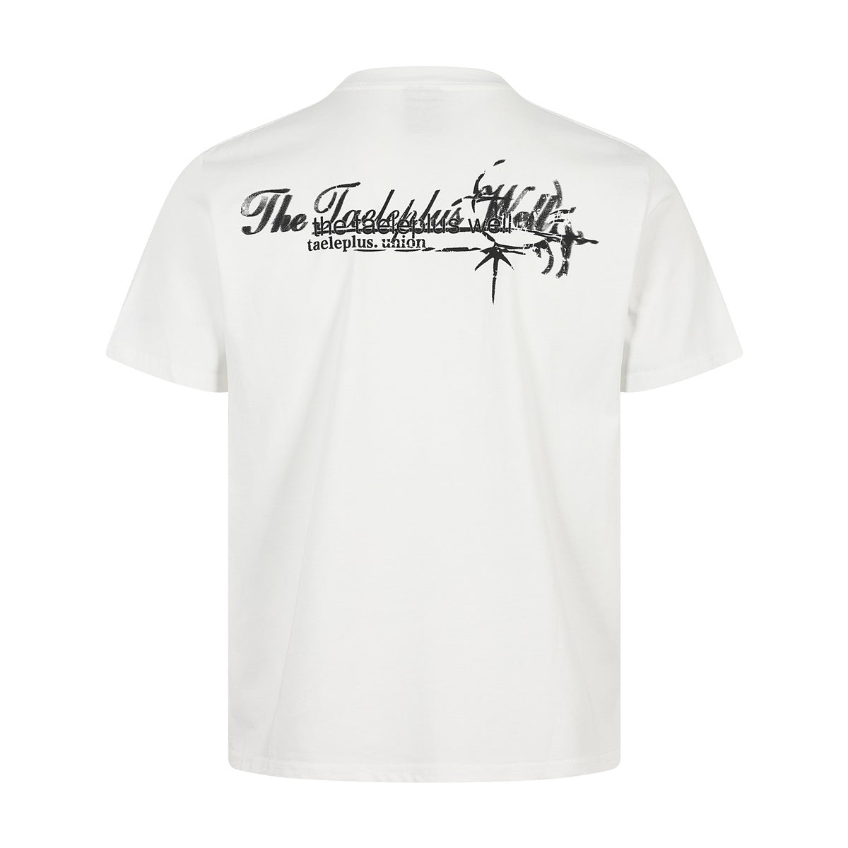 Back of a white crew-neck T-shirt with black script lettering and an abstract graphic across the upper back.
