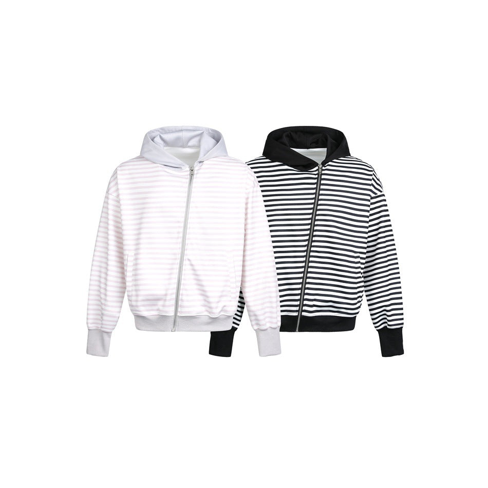 Two striped zip hoodies shown together: one pale pink and white with light gray trim, and one black and white.
