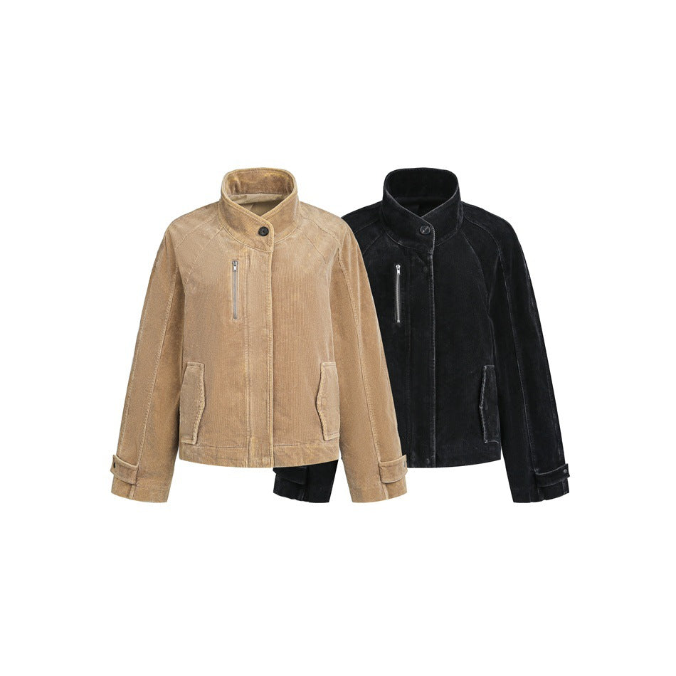 Two high-collar jackets shown from the front, one tan and one black, each with a chest zip pocket and front pockets.