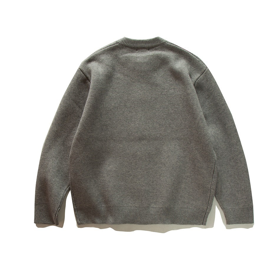 Back view of gray knit cardigan with ribbed round neckline, cuffs and hem, flat lay
