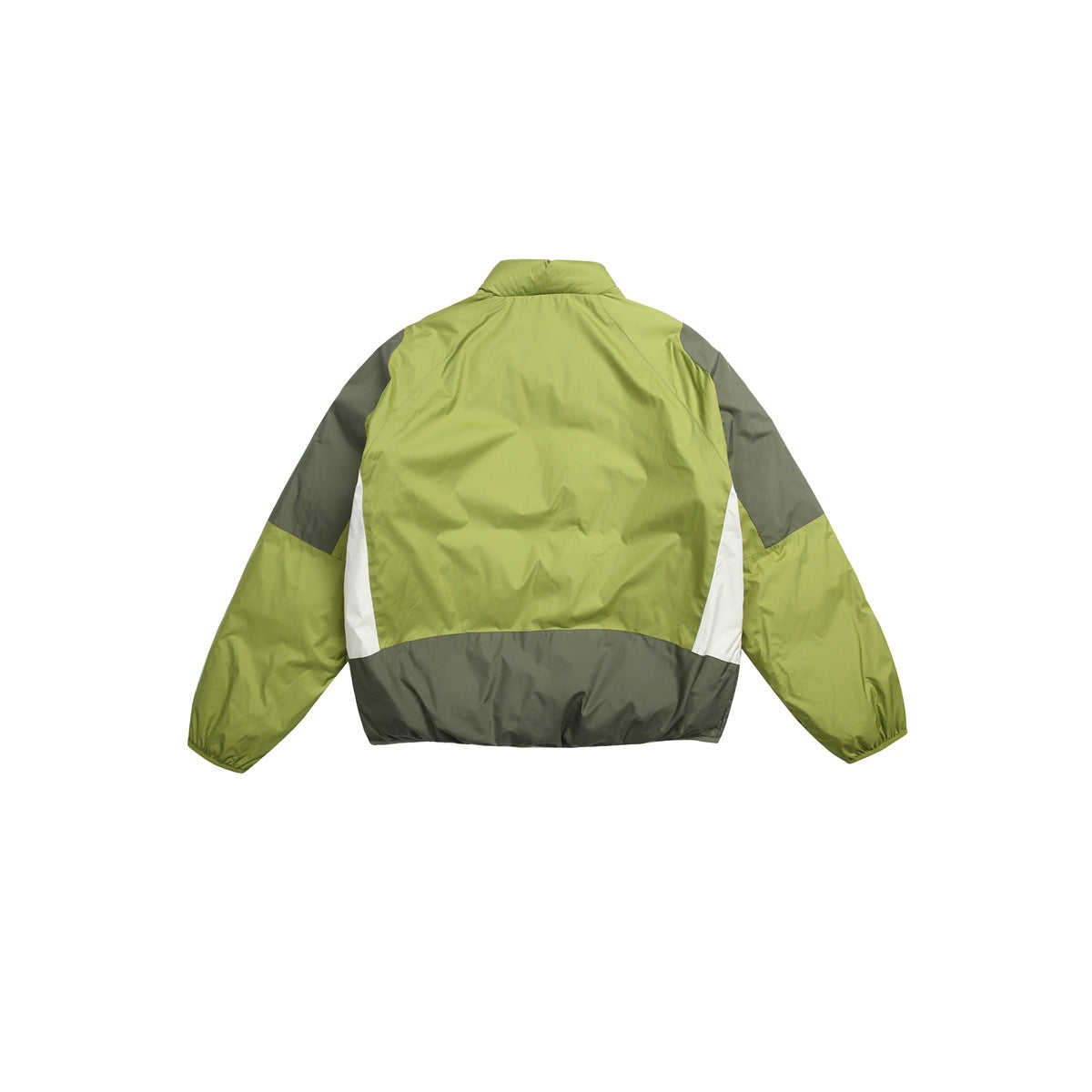 Back view of a lime-green jacket with dark gray panels and white side inserts, shown against a white background.