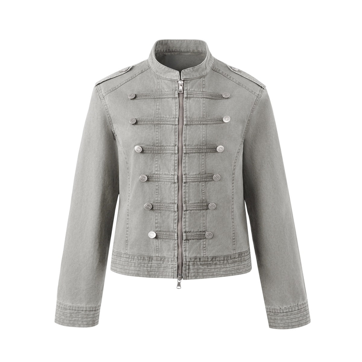 Gray washed stand-collar zip jacket with braided bars, metal buttons and shoulder epaulettes, flat front view