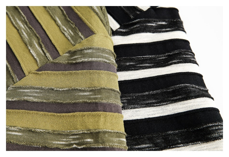 Close-up comparison of textured horizontal stripes in olive-brown and black-and-cream shirt colorways.
