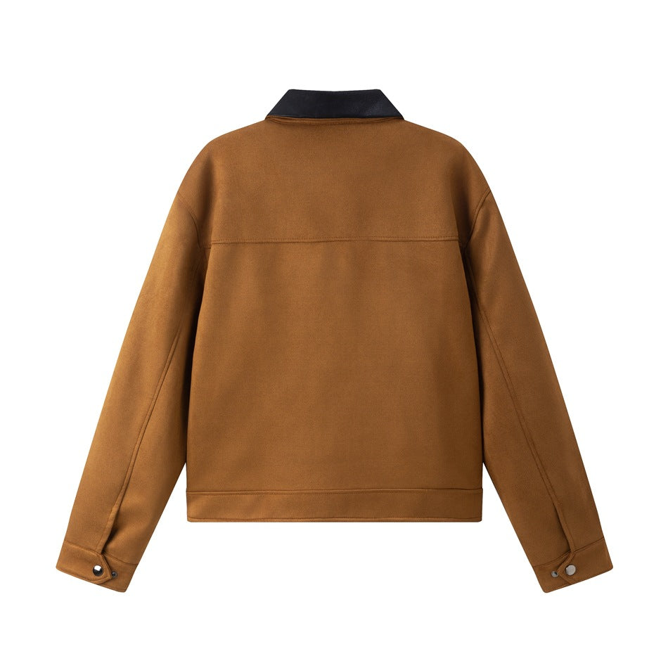 Back view of a rust-brown jacket with a black collar, seam detailing, and snap cuffs, shown on white.