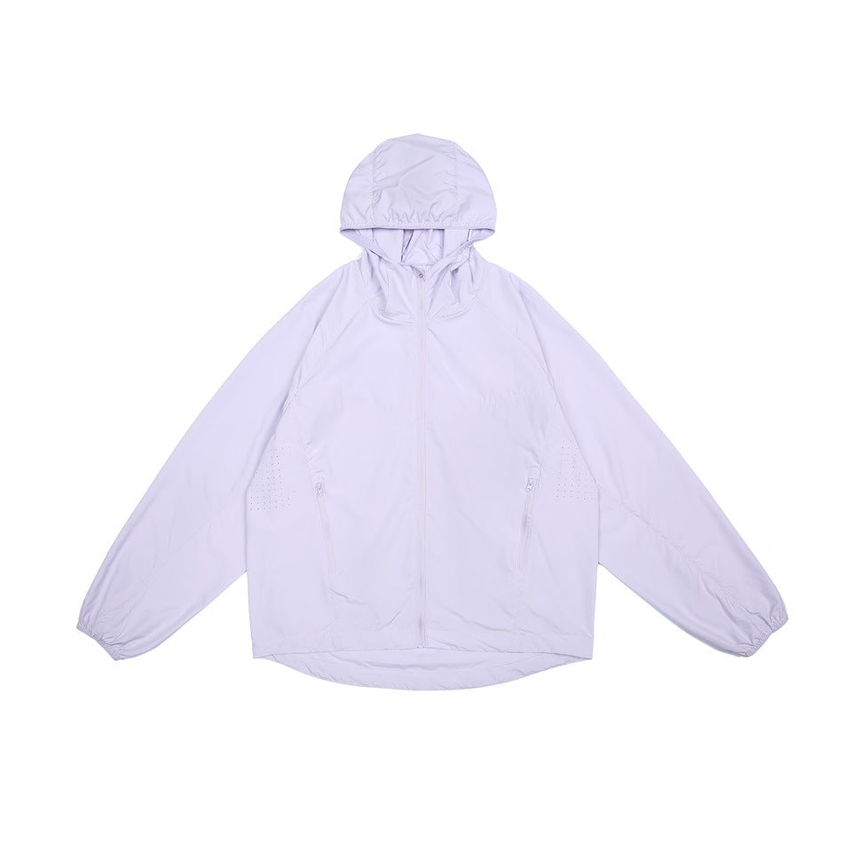 Lavender hooded zip-up jacket laid flat, front view with zippered side pockets and elastic cuffs