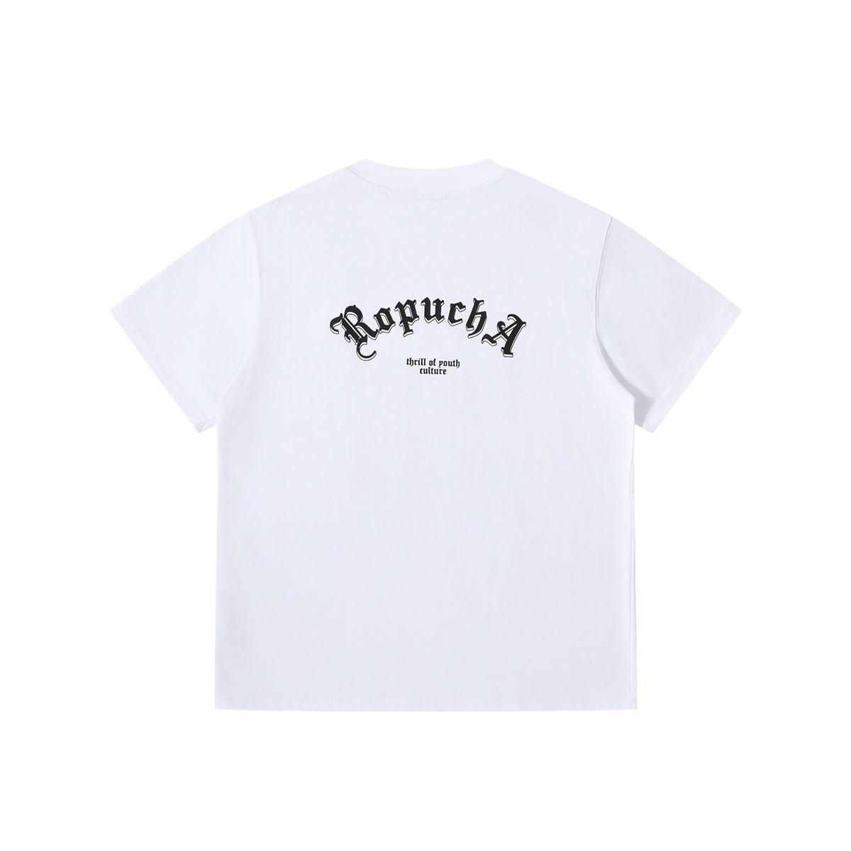 Back view of a white crew-neck T-shirt with a small black Gothic-style graphic and English slogan across the upper back.