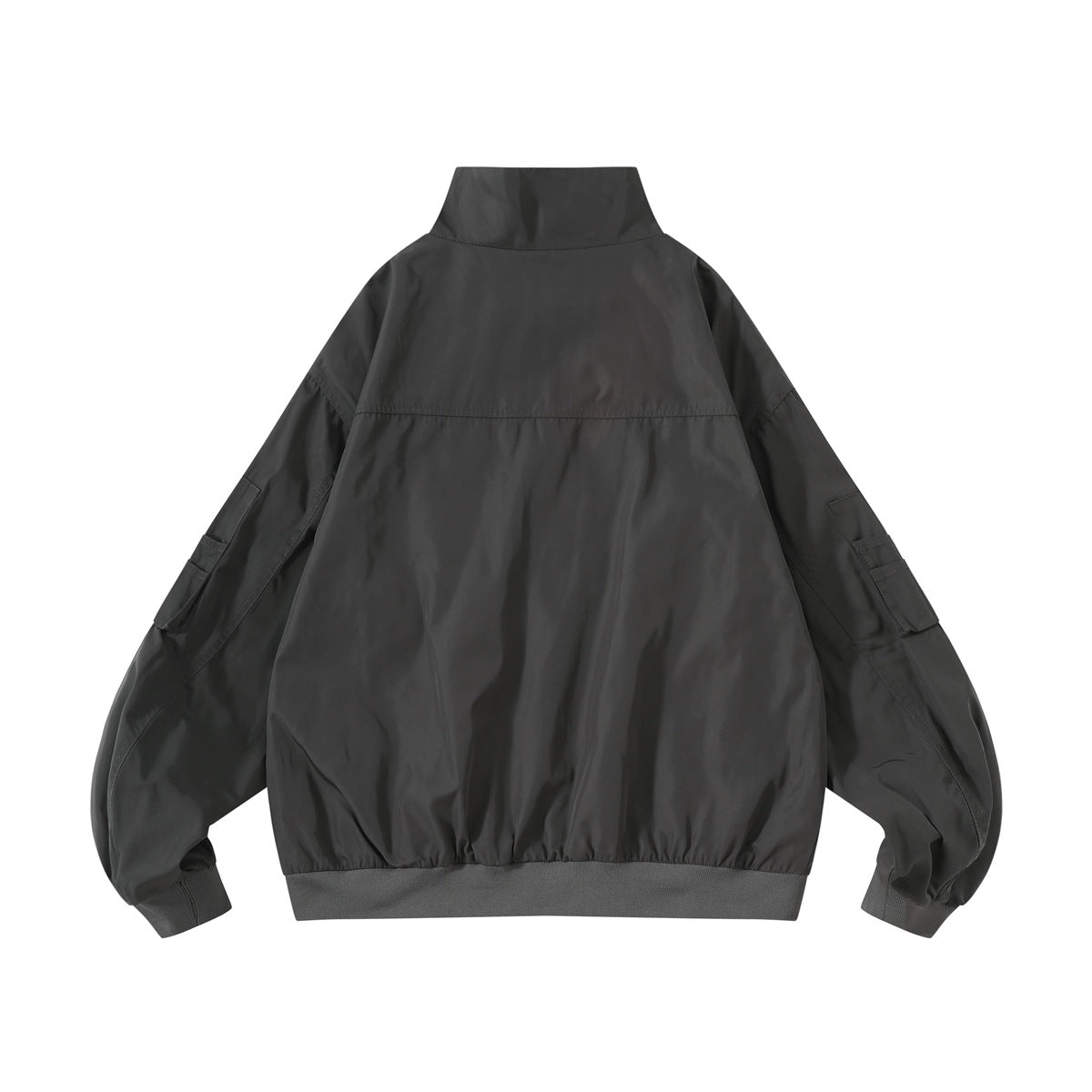 Back view of a charcoal gray jacket with a stand collar, sleeve pockets, and ribbed cuffs and hem.