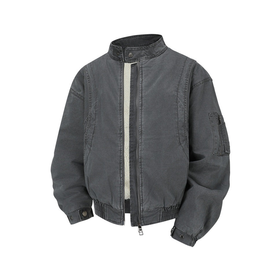Dark gray washed bomber-style jacket, front view, with stand collar, zipper, sleeve pocket and cream fleece-like interior