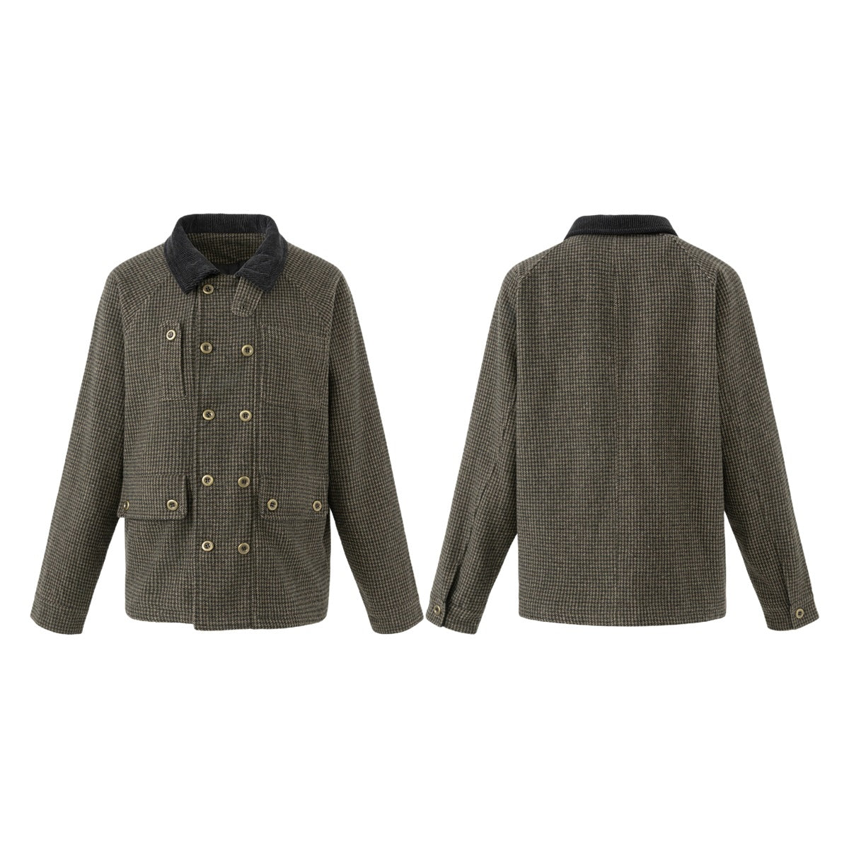 Front and back views of a dark brown checked jacket with a dark collar, double-breasted buttons, and flap pockets.