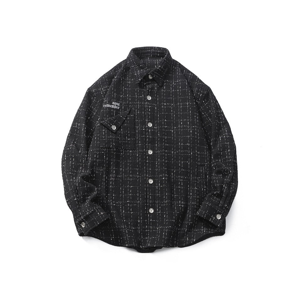Black windowpane-check shirt jacket, front view flat lay, with button front, flap chest pocket and embroidered lettering