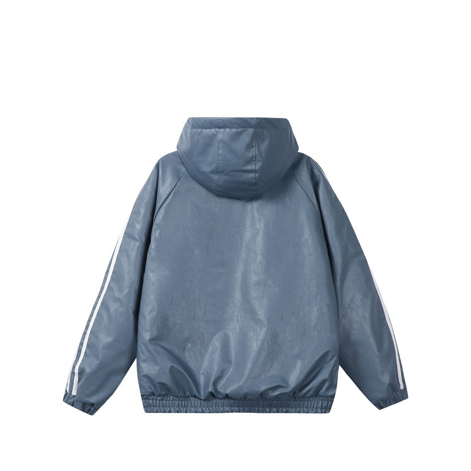 Back view of a slate blue hooded jacket with white sleeve stripes and an elasticated hem.