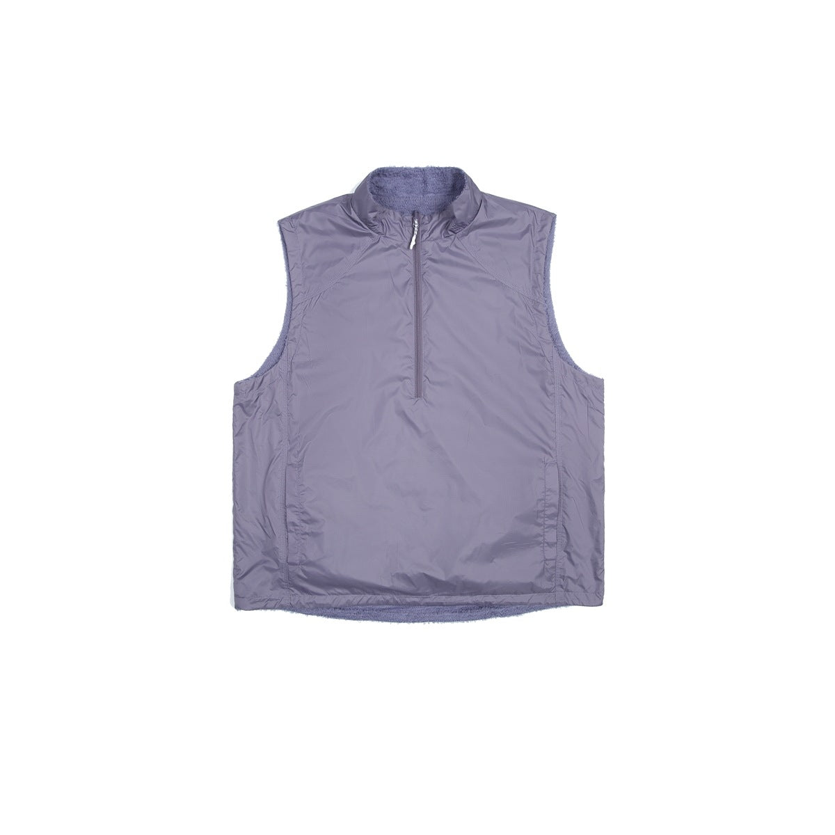 Purple sleeveless half-zip stand-collar vest flat lay with a smooth shell and fleece-like lining at the neck and armholes