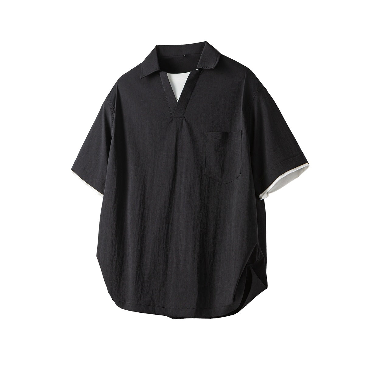 Black short-sleeve pullover shirt front with collar, V-neck, white inner layer, chest pocket and white sleeve trim