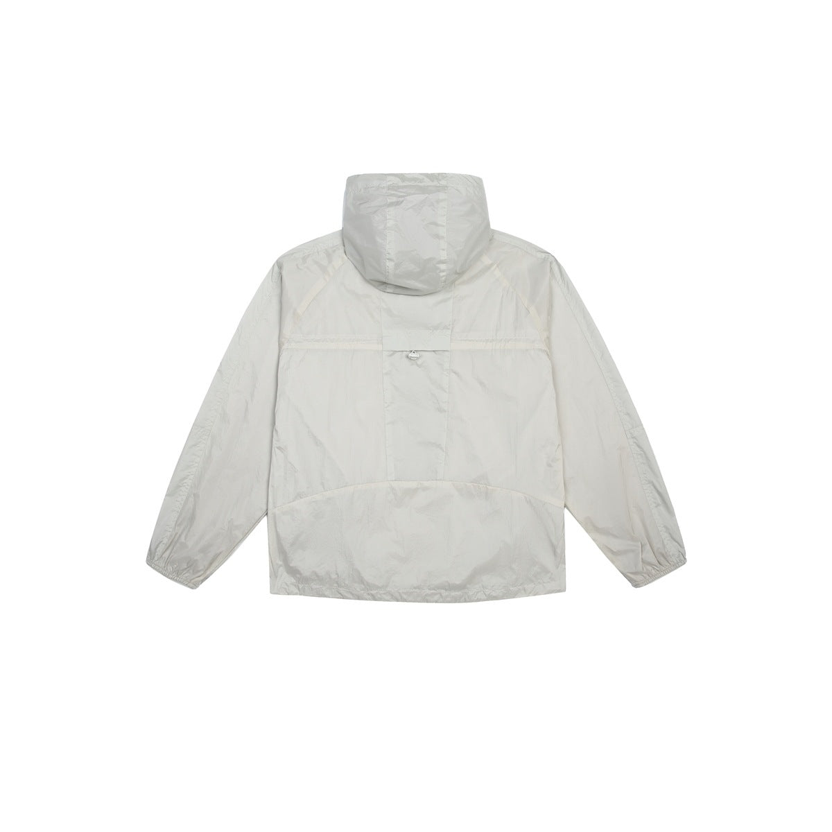 Back view of a light gray hooded jacket with long sleeves and a small center-back tab.