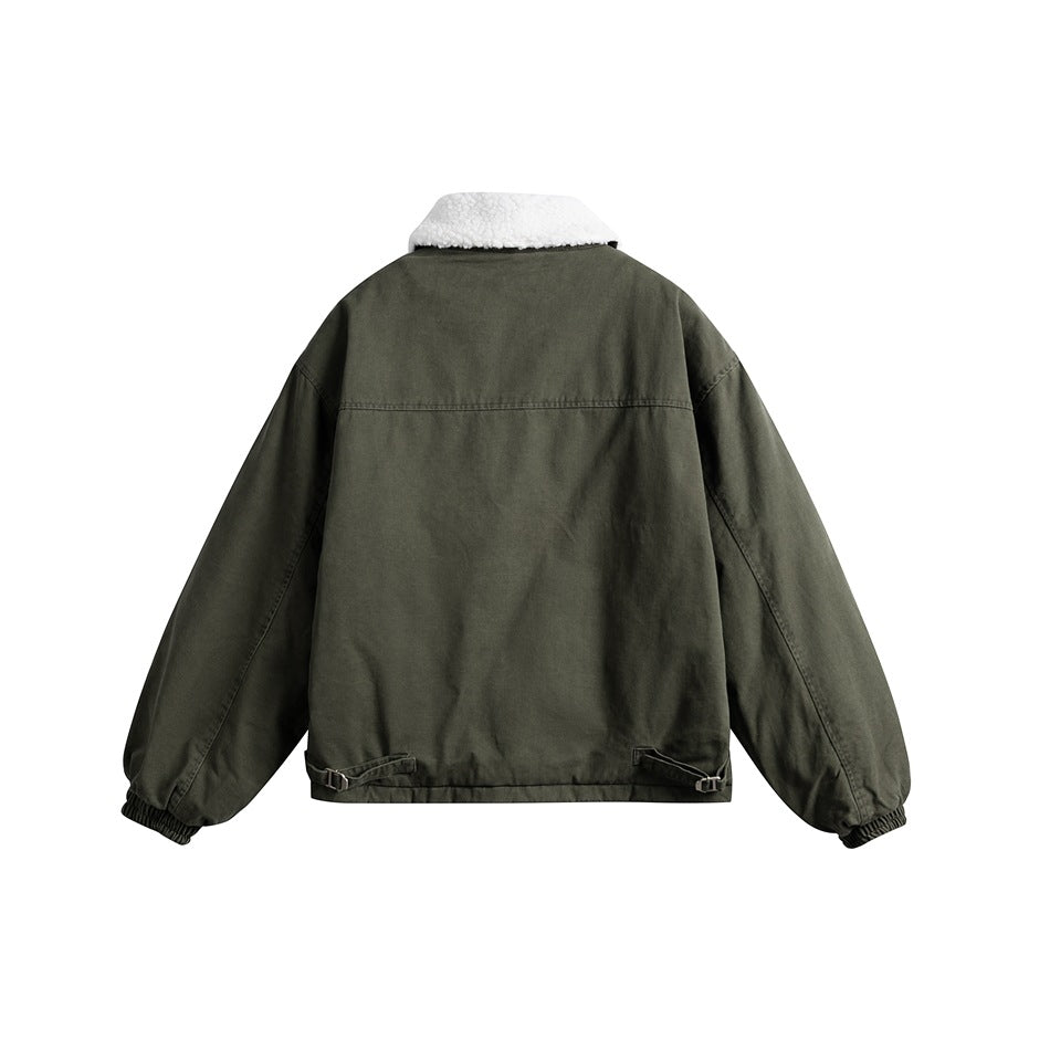 Back view of army green jacket with white collar, back yoke seam, elastic cuffs and buckle tabs at the hem