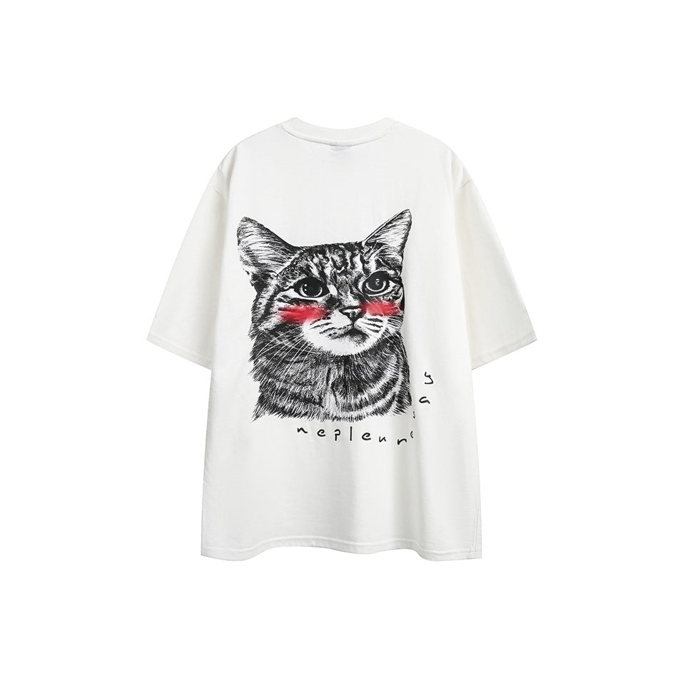 White short-sleeve crew-neck T-shirt, back view with a grayscale cat face graphic and red cheek accents