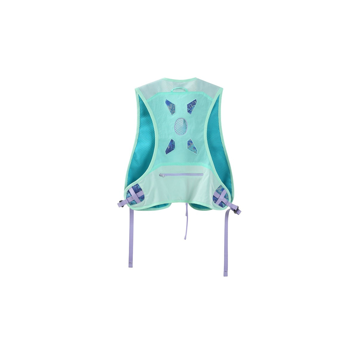 Flat-laid mint and turquoise mesh vest back with a zip pocket, reflective details, and long lavender straps.