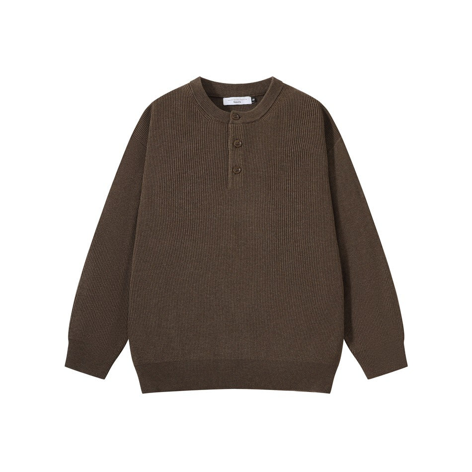 Brown ribbed knit henley sweater with three buttons, flat lay front view