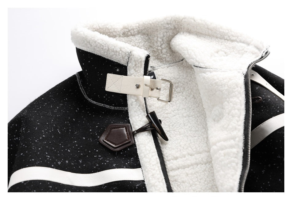 Close-up of the open jacket collar showing plush white lining, a buckle strap, and dark toggle closure.