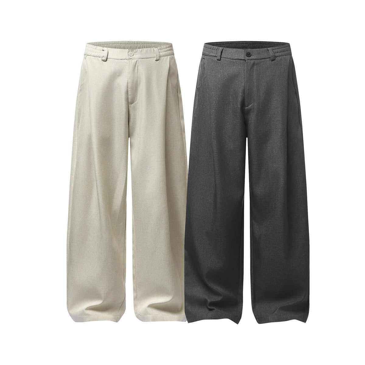 Front views of wide-leg trousers in cream and charcoal, with elasticized waistbands, buttons and side pockets.