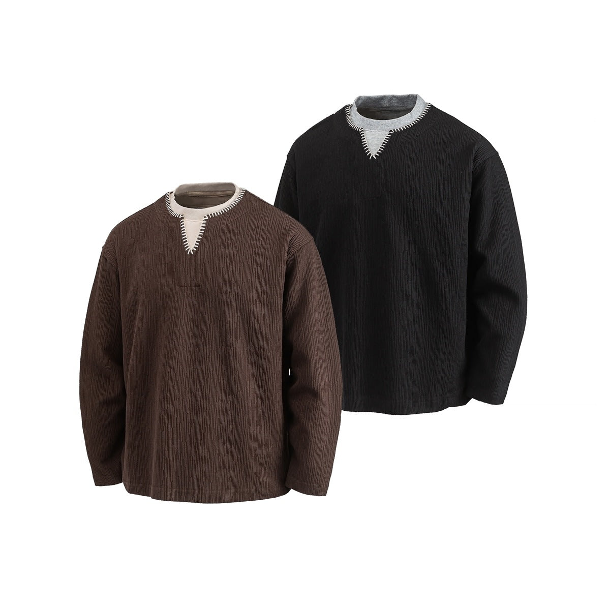 Brown and black long-sleeve ribbed tops with contrast neckline inserts and blanket stitching, displayed on forms.