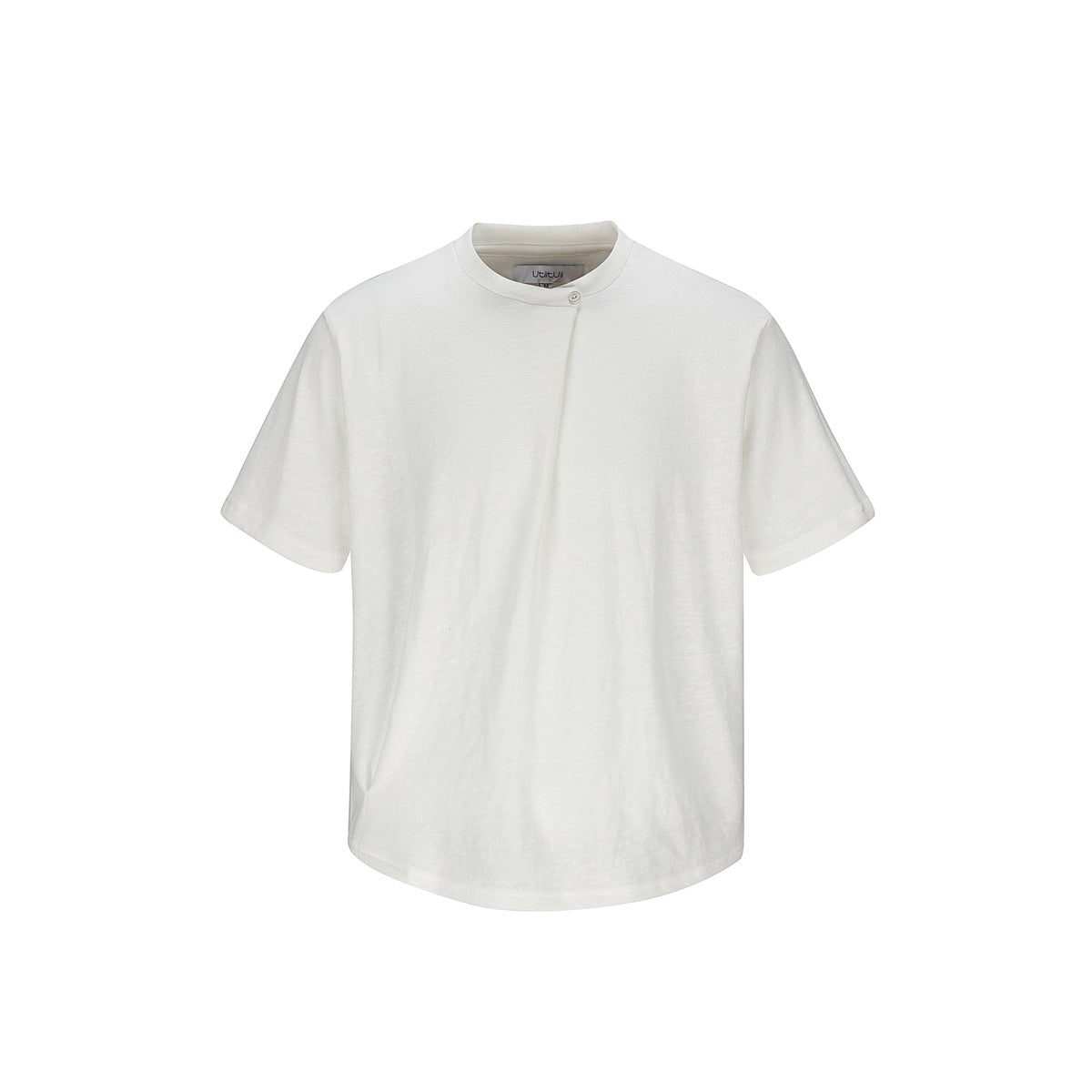 Off-white short-sleeve tee flat lay with band neckline, neck button, diagonal front pleat and curved hem
