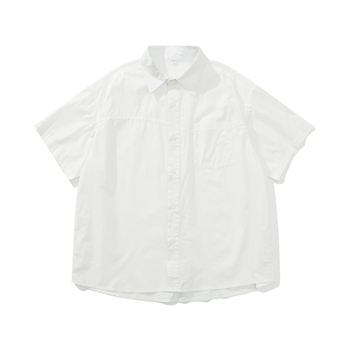 White short-sleeve button-up shirt with pointed collar and chest pocket, flat lay front view